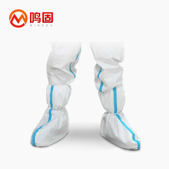鸣固 一次性防护鞋套 无纺布隔离脚套 高筒型防水防护隔离鞋套 蓝边款 2只
