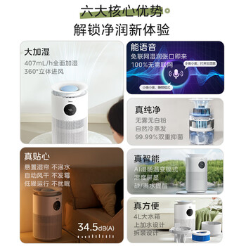 美的（Midea）无雾空气加湿器净化家用卧室静音孕妇婴儿除菌桌面小型工业雾化器空调风扇伴侣女生礼物W40S