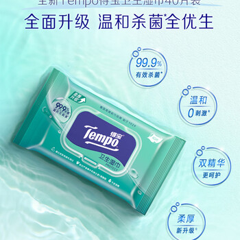 得宝（TEMPO）杀菌湿巾 40片*1包 抽取式 温和不刺激 杀菌率99.9% 湿纸巾