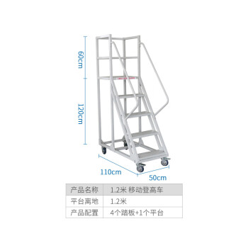 鸣固  登高梯平台梯工业移动梯子仓库超市库房带轮登高取货货架梯平台离地 1.2米