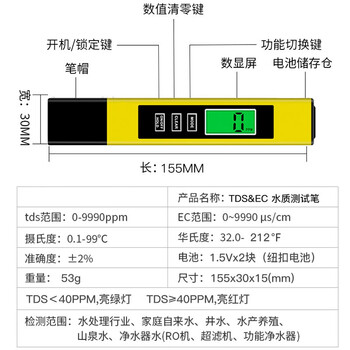 勒塔（LETA）3键TDS水质检测测试笔 多功能电导率测试笔矿物质自来水纯净水质检测工具温度测试LT-TN724