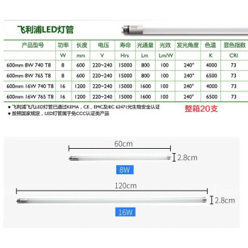 飞利浦（PHILIPS）T8飞凡系列LED灯管单端进电 16W长度1.2米 暖白光4000K 整箱25支 