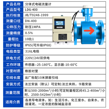 匡建仪表（CONJANT）LDG型分体式电磁流量计 液体污水高精度智能电子数显传感器 橡胶衬里DN400