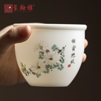 玺翰雅名家张国进手绘风水缸白瓷茶杯单杯大号主人杯高档功夫茶具家用
