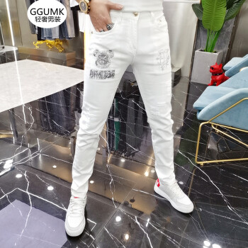 ggumk国际大牌轻奢男装2022春夏欧货白色牛仔裤男潮牌卡通烫钻破洞刮