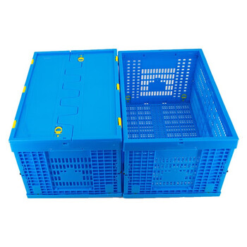 冰禹 BY-3038 塑料折叠周转筐 蓝色加厚塑胶可带盖塑料筐 600*400*360mm（无盖）