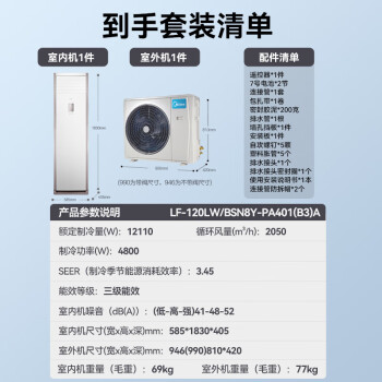 美的（Midea）中央空调5匹柜式空调 5p立式商用柜机 单冷变频新能效380V LF-120LW/BSN8Y-PA401(B3)A包5米铜管