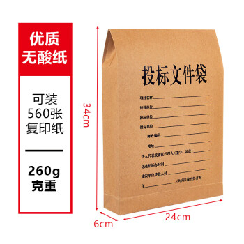 飞尔（FLYER）牛皮纸档案袋 标书合同文件资料袋【260g投标袋6cm 24x34cm】100个装