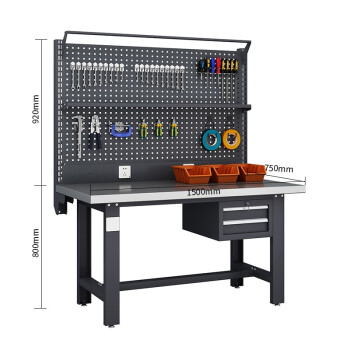 知旦灰色工作台ZD6998装配台维修台吊二抽双挂板带棚板灯架1.5米不锈钢台面