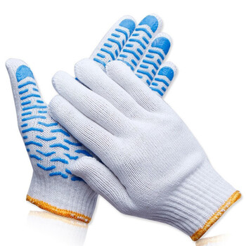 旷尔 加厚耐磨棉纱手套 装卸搬运维修工地防护手套 透气棉纱点胶手套【蓝色波纹 1打】