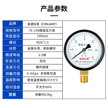 匡建仪表（CONJANT）YE-100膜盒压力表 千帕表天然气表燃气表微压表 0-6kpa