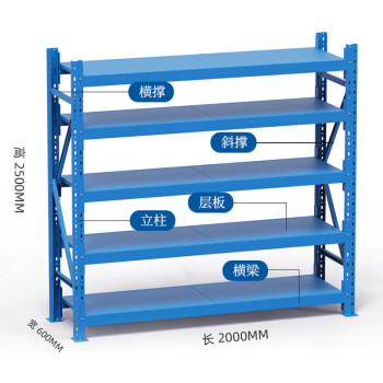 欧曼 重型层板货架重型货架仓储货架 副架L2000*D600*H2500MM五层承载500KG/层蓝色