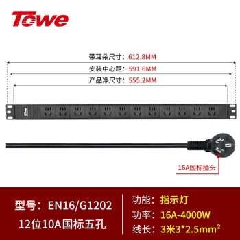 同为（TOWE）工业用12位国标竖装PDU机柜插座/电源分配单元16A4000W接线板