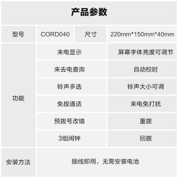 飞利浦（PHILIPS）电话机座机 固定电话 办公家用 免提通话 免电池 来电显示 CORD040黑色
