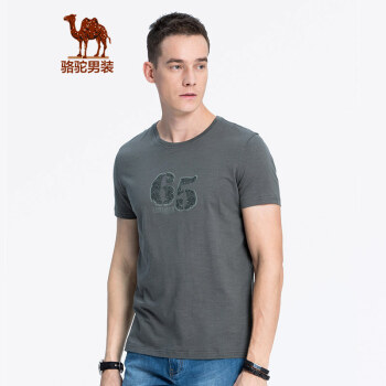 骆驼（CAMEL）男装 夏季男青年休闲印花短袖T恤 圆领弹力棉上衣 潮 深灰 XL