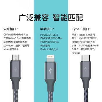 罗马仕数据线三合一苹果Type-c安卓手机充电线一拖三头适用于苹果iphone15小米华为荣耀三星vivo车载多用
