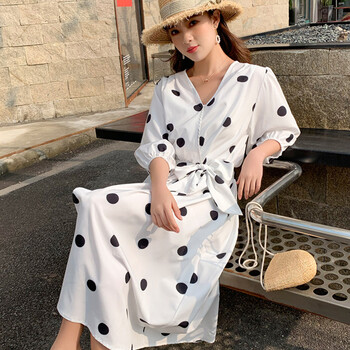 朗悦女装 2019春季新款长袖连衣裙复古波点连衣裙学生雪纺裙 LWQZ191165 白色 L