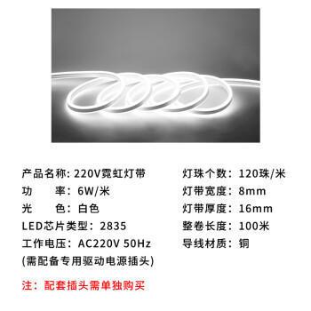 贝工 220V霓虹灯带 户外防雨淋工程亮化装饰用LED柔性灯带 6W/米 白光 100米