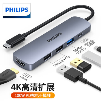 飞利浦（PHILIPS）Type-C扩展坞USB-C转HDMI适用MacBook智能手机拓展坞 五合一【HDMI/PD/USB】热销款