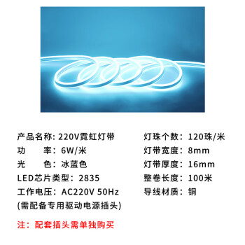 贝工 220V霓虹灯带 户外防雨淋工程亮化装饰用LED柔性灯带 6W/米 冰蓝光 100米