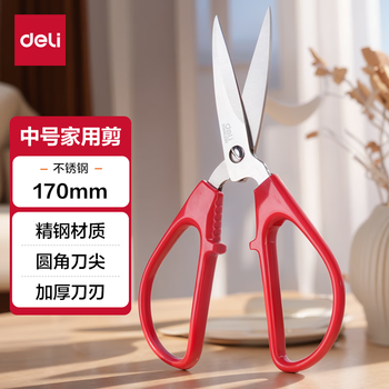 得力(deli)170mm中号家用生活厨房剪刀 不锈钢剪刀 手工缝纫办公剪子 红 6036
