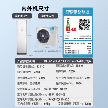 美的（Midea）中央空调5匹柜式空调 5p商用柜机立式 冷暖新能效变频380V RFD-120LW/BSDN8Y-PA401(B3)A包5米铜管