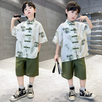 迪士尼（Disney）男童夏装衬衫套装儿童新中式汉服2024夏季新款帅气男孩古风短袖潮 绿色 160cm