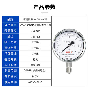 匡建仪表（CONJANT）YTN-100BF 304不锈钢耐震压力表 耐高温耐腐蚀 0-6mpa 表盘15厘米
