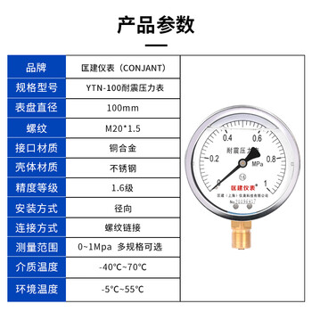 匡建仪表（CONJANT）YTN-100耐震压力表 径向 水压表油压表气压表 表盘直径100mm 充油压力表 0-1MPa