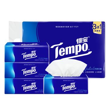 得宝（TEMPO）一博同款 抽纸 无香4层90抽*4包 湿水不易破 纸巾餐巾纸 卫生纸