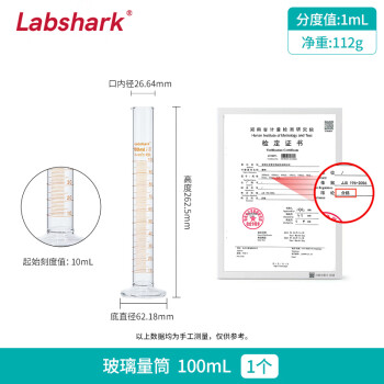 LABSHARK 量筒玻璃实验室量杯高硼硅加厚大容量带刻度可过检直筒型化学生物实验量器【100mL】可过检 1个