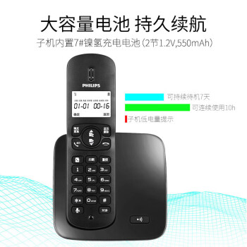 飞利浦（PHILIPS）无绳电话机 无线座机 子母机 办公家用 屏幕白色背光 持久待机 DCTG186（1+1）黑色