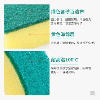 海斯迪克 HK-849 海绵百洁擦拭布 清洁双面去油污洗碗海绵 直角10*7*3cm绿黄色 5片