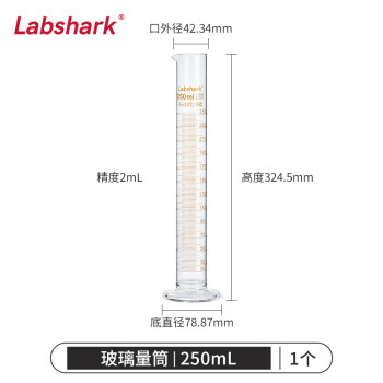 LABSHARK 量筒玻璃实验室量杯高硼硅加厚大容量带刻度可过检直筒型化学生物实验量器【250mL】可过检 1个