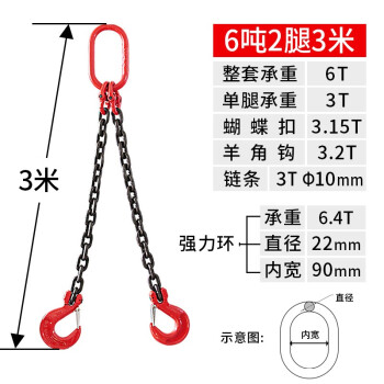 越越尚  起重链条吊索具6吨2腿3米 起重吊钩吊环组合铁链起重吊具吊车吊链  YYS-DSJ-062 白色