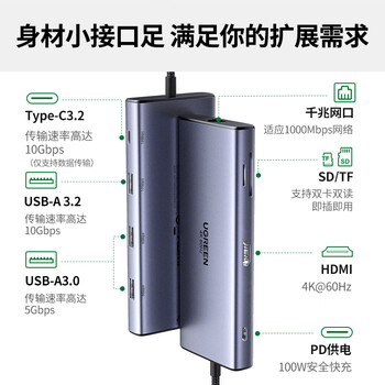 绿联Type-C3.2扩展坞雷电4拓展坞HUB3.2分线转换器10G转接头千兆网口4K@60Hz投屏HDMI适用苹果电脑手机