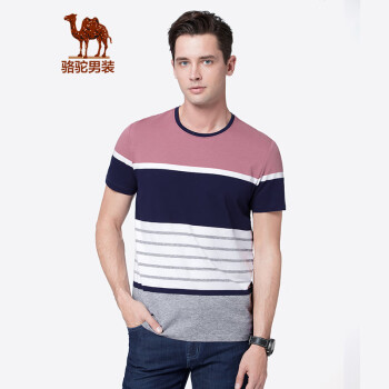 骆驼（CAMEL）男装 夏季青年圆领撞色短袖t恤打底衫男休闲棉上衣 粉紫 XL