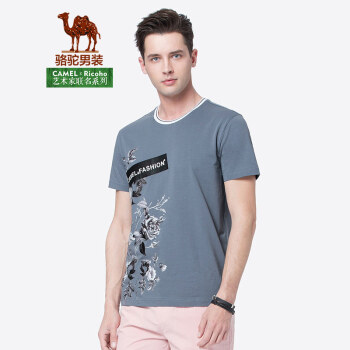 骆驼（CAMEL）男装 夏季男士短袖t恤青年圆领印花宽松休闲打底衫男 灰色 XL