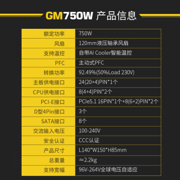 鑫谷（segotep）GM750W ATX3.1金牌全模组电源（12V-2X6支持5060Ti/5070Ti显卡/全电压宽幅/台式电脑主机箱电源）