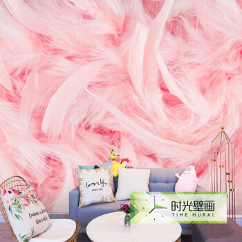 北欧ins风粉色羽毛墙纸简约少女心卧室壁画美容院美甲