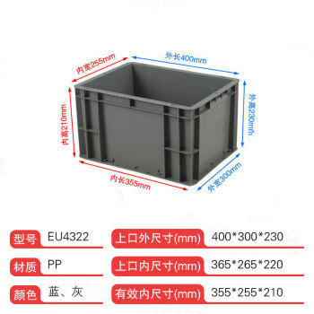 鸣固 灰色EU系列周转箱 长方形加厚塑料物流箱水产箱收纳整理储物分类箱 400*300*280 