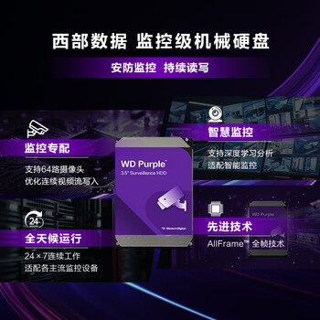 西部数据（WD）4TB 监控级机械硬盘 WD Purple 西数紫盘 SATA 256MB CMR垂直 录像机硬盘 3.5英寸WD43PURZ