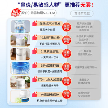 苏泊尔（SUPOR）加湿器无雾金榜轻音桌面大容量大雾量加湿器办公室卧室家用无雾加湿器空调风扇伴侣礼品SJ-J12A