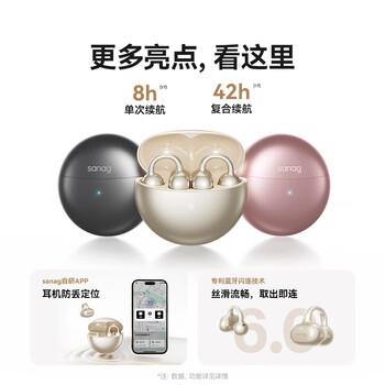 SANAG塞那S6SProAI蓝牙耳机耳夹式 骨传导概念无线开放式 跑步运动耳机通话降噪挂耳适用于华为小米苹果