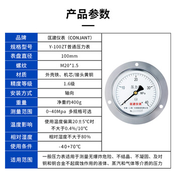 匡建仪表（CONJANT）Y-100ZT轴向带边压力表 液压表水压表气压表真空表0-40MPa