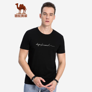 骆驼（CAMEL）男装 夏季印花圆领半袖上衣男生打底衫休闲潮短袖t恤 黑色 XL