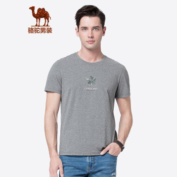 骆驼（CAMEL）男装 夏季短袖t恤男士圆领纯色印花宽松舒适棉打底衫 深灰 XL
