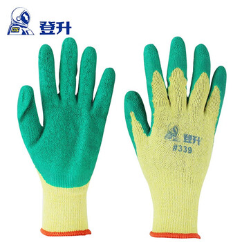 登升#339十针纱线浸胶耐磨工作橡胶防滑皱纹挂胶仓储搬运防护胶皮手套 12双(一包) 均码
