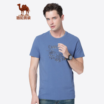 骆驼（CAMEL）男装 夏季短袖t恤衫男士圆领印花休闲棉体恤打底衫男 蓝色 XL