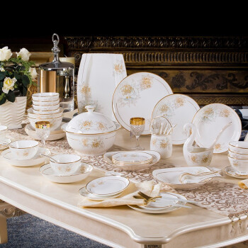 洛威 欧式58头骨瓷餐具套装高端送礼金边陶瓷碗盘创意家用碗碟 水润58头